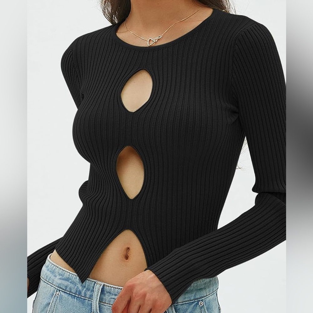 Black Cut Out Knit Long Sleeve Top